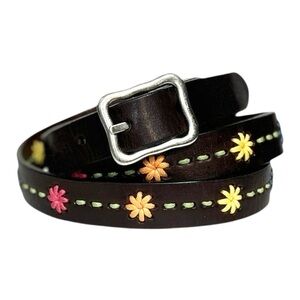 DOCKERS Brown Leather & Embroidered Belt sz L (42”) Multicolor Metal Buckle Boho